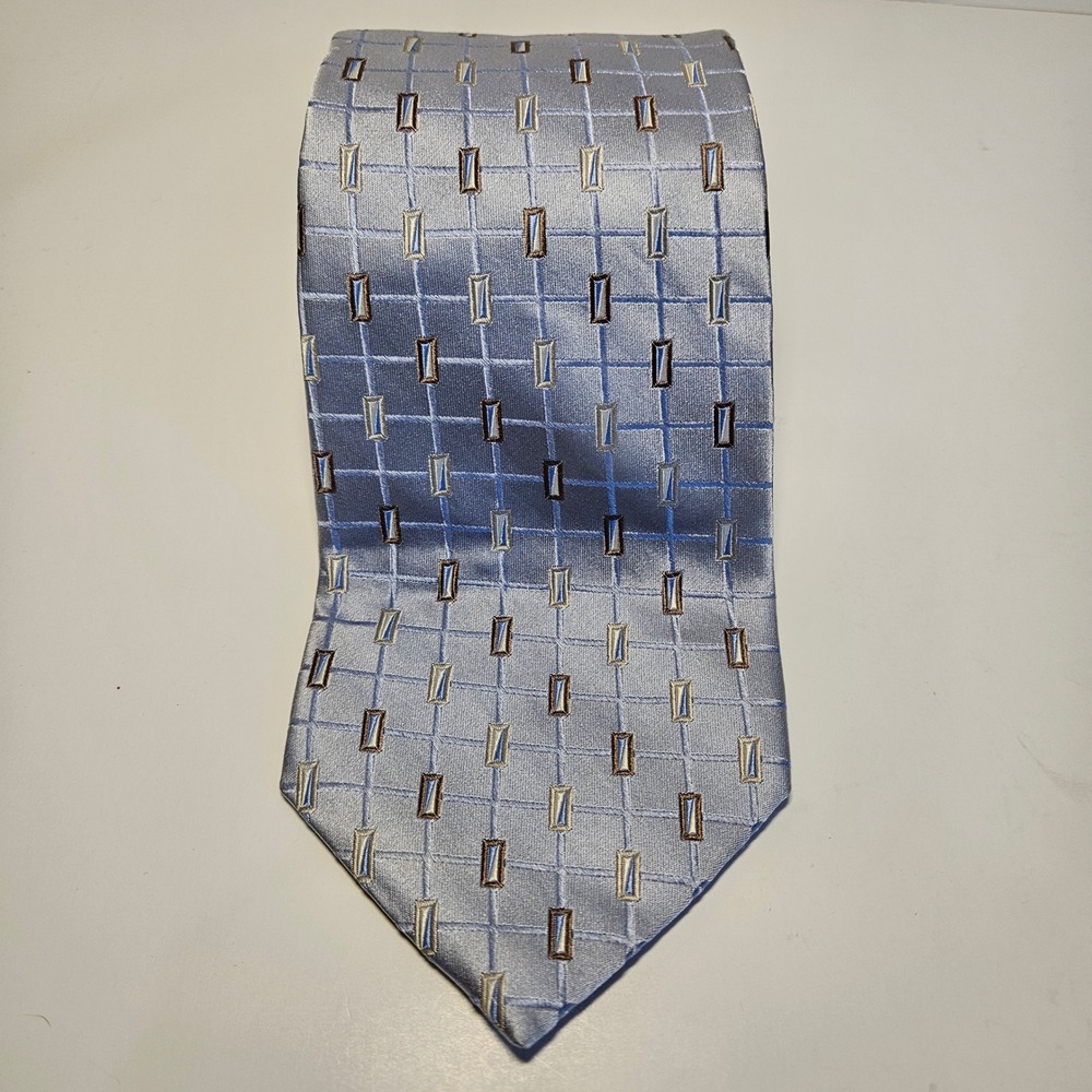Pierre Cardin Mens Light Blue Silk Geometric Grid Windowpane Necktie Made in USA